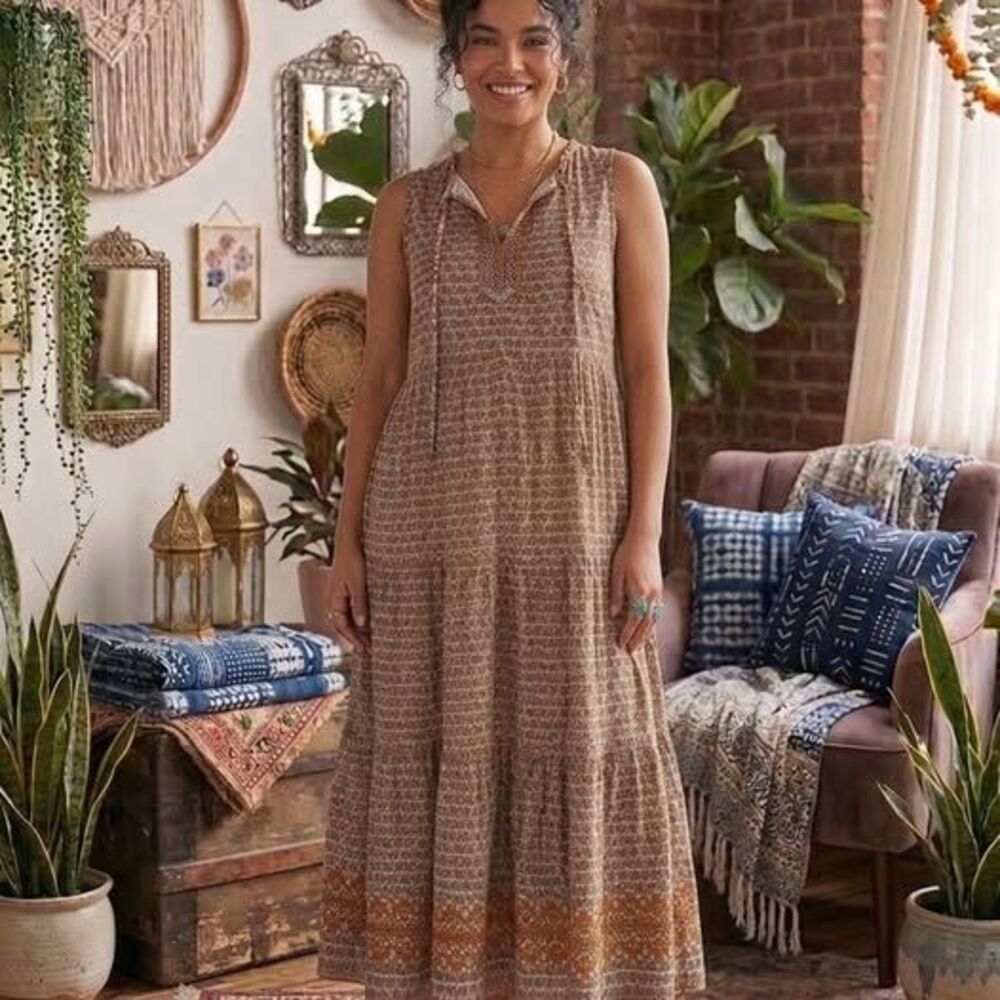 Max Studio Brown Printed Sleeveless Tiered Maxi Dress